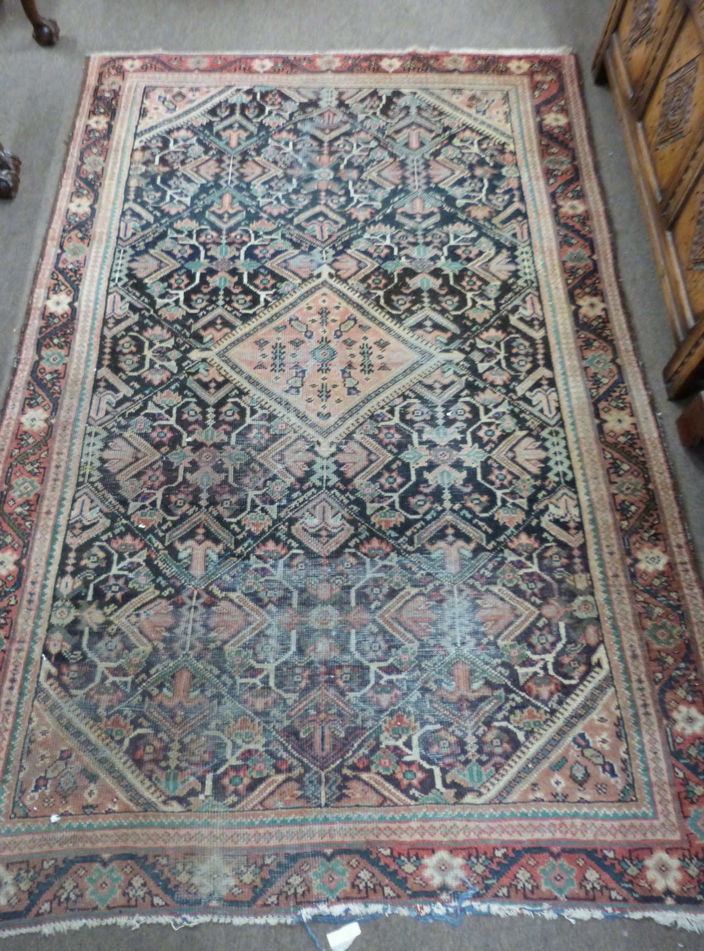 Small Caucasian rug, blue and red ground, triple gulled border, 6ft 5" x 4", (faded/worn) - Image 2 of 2