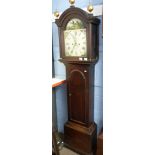 Oak longcase clock with hand painted face depicting various countryside scenes around Roman dial
