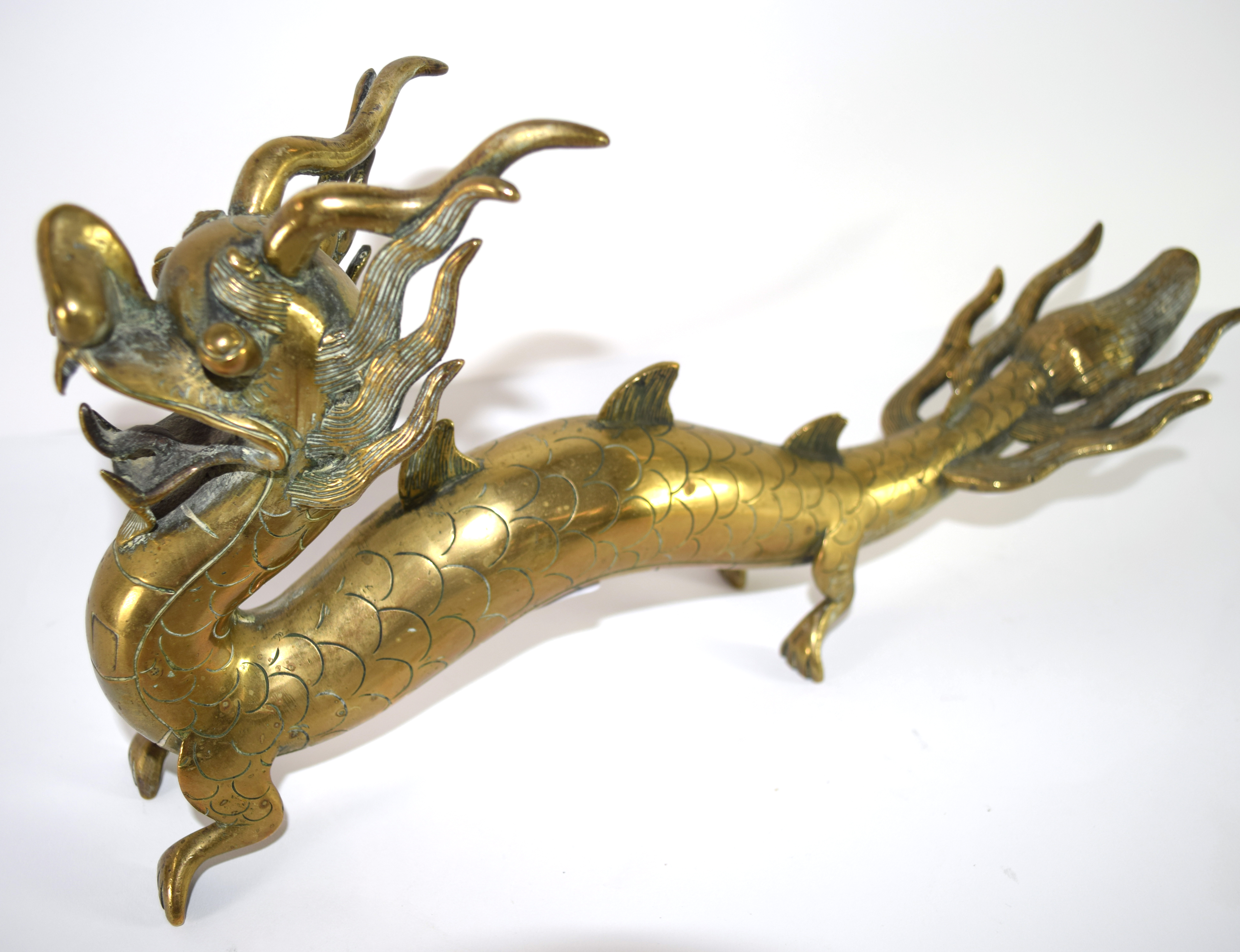 Large brass model of a Chinese dragon, 36cm long