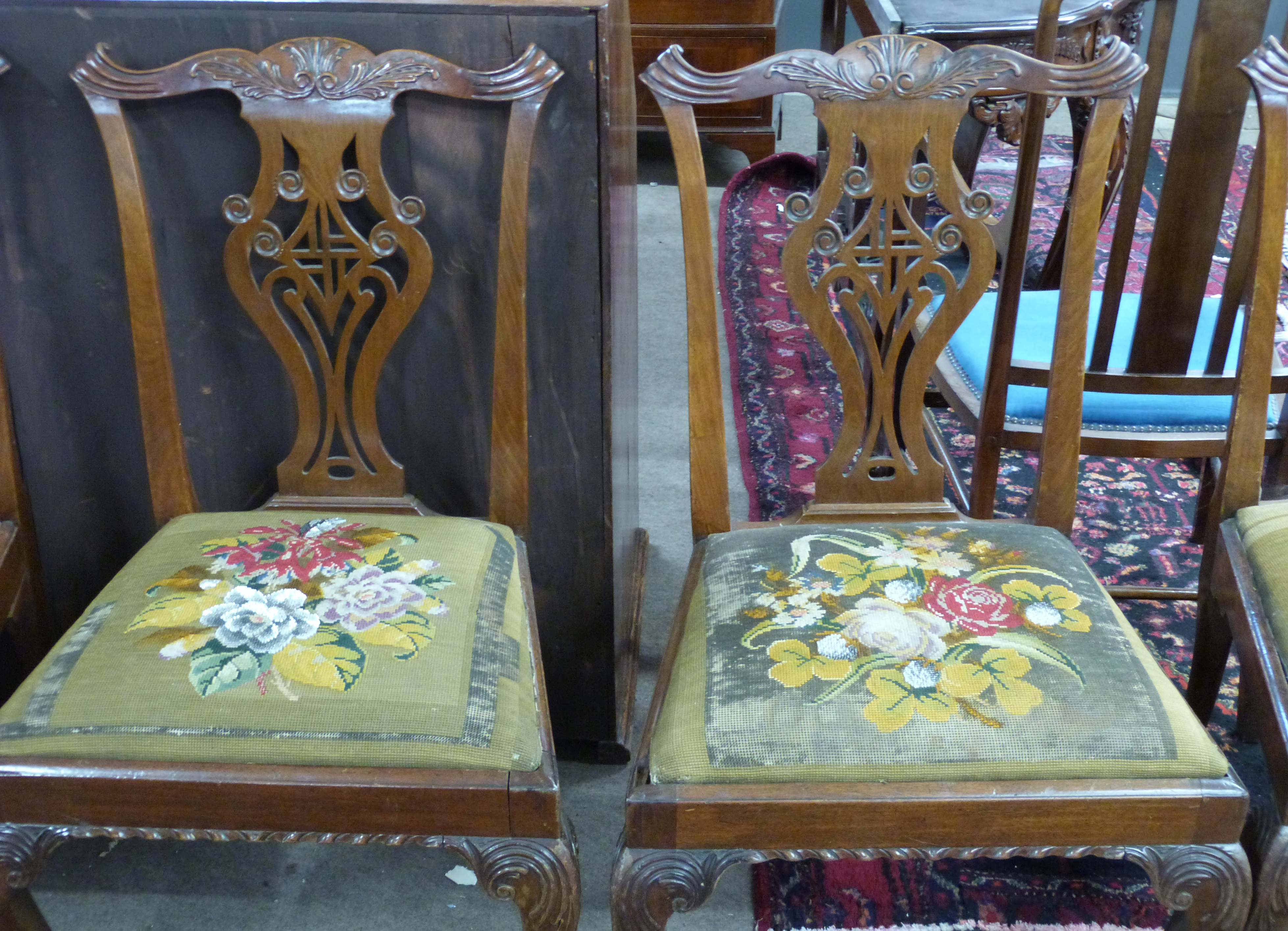 Set of 4 Chippendale style mahogany dining chairs, elaborate pierced splat backs, old tapestry - Image 2 of 3