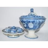 Early 19th century pearlware flow-blue egg cup stand and warmer, the interior with four egg cups and