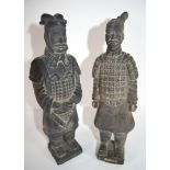 Two Chinese pottery figures, Han Dynasty type, of Chinese dignitaries on square bases with title