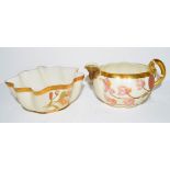 Small Royal Worcester blush ground bowl decorated with flowers, together with a blush ground milk