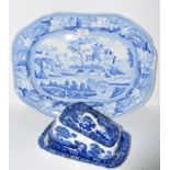 Large flow-blue semi china meat plate with a decoration of bridge and landscape, together with a