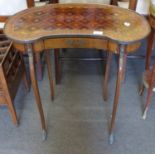 Small kidney shaped side table with drawer beneath and inlaid decoration, height approx 69cm