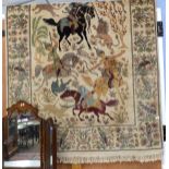 Large 20th century decorative tapestry depicting Oriental figures hunting wild animals, width approx