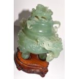 Spinach green jadeite censer and cover with carved dragon finial in original box, with stand