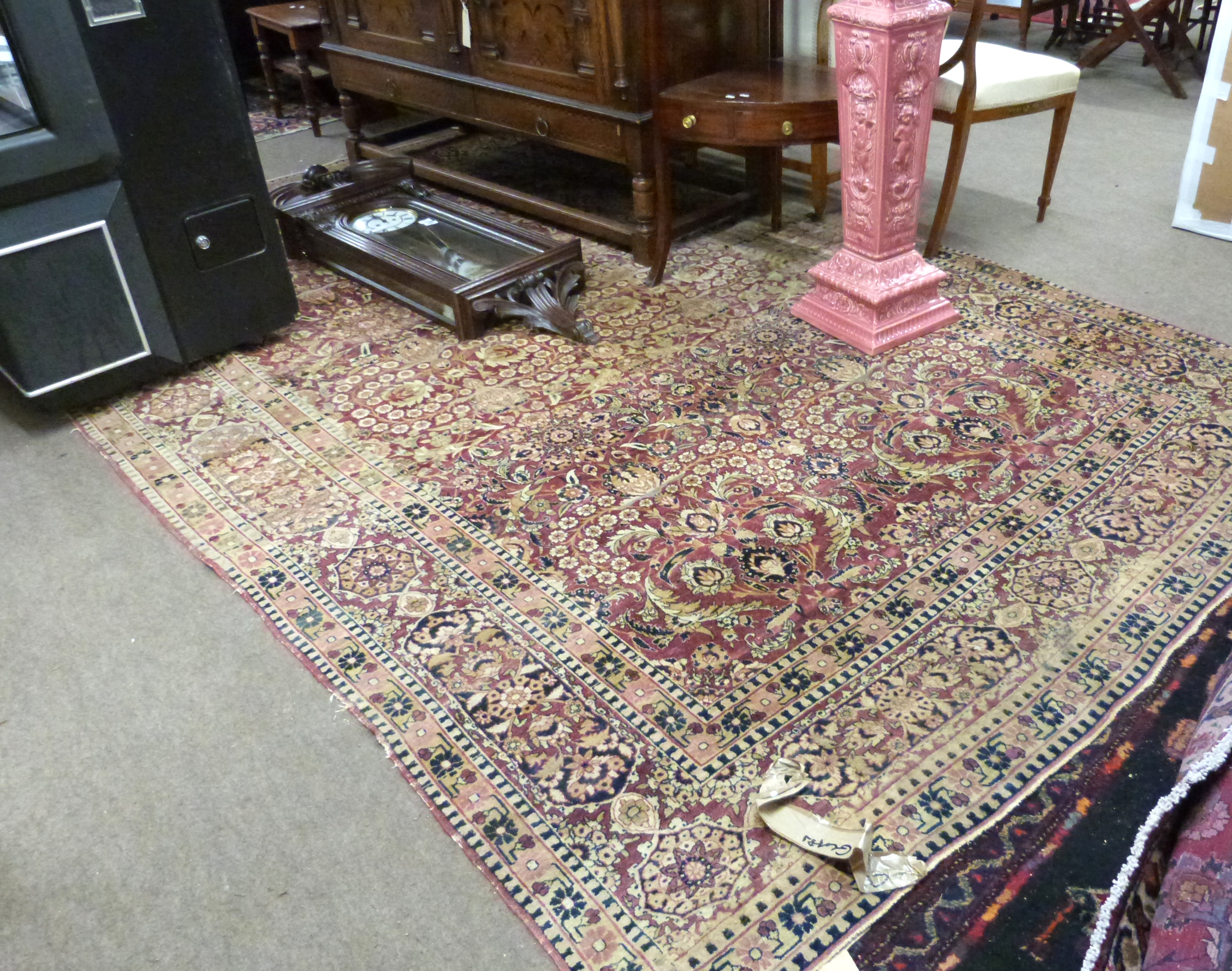 Vintage silk carpet, red and pink ground, single gulled border, medallion and floral design, 11 x