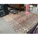 Vintage silk carpet, red and pink ground, single gulled border, medallion and floral design, 11 x