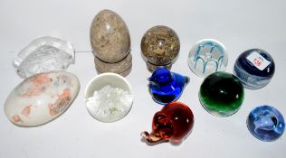 Quantity of paperweights and other items including a Wedgwood blue coloured weight of a bird,