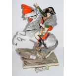 Large Continental porcelain figure of Napoleon astride a rearing horse, the figure on a