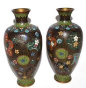 Pair of early 20th century cloisonne vases, of baluster shape, decorated in typical fashion, 17cm
