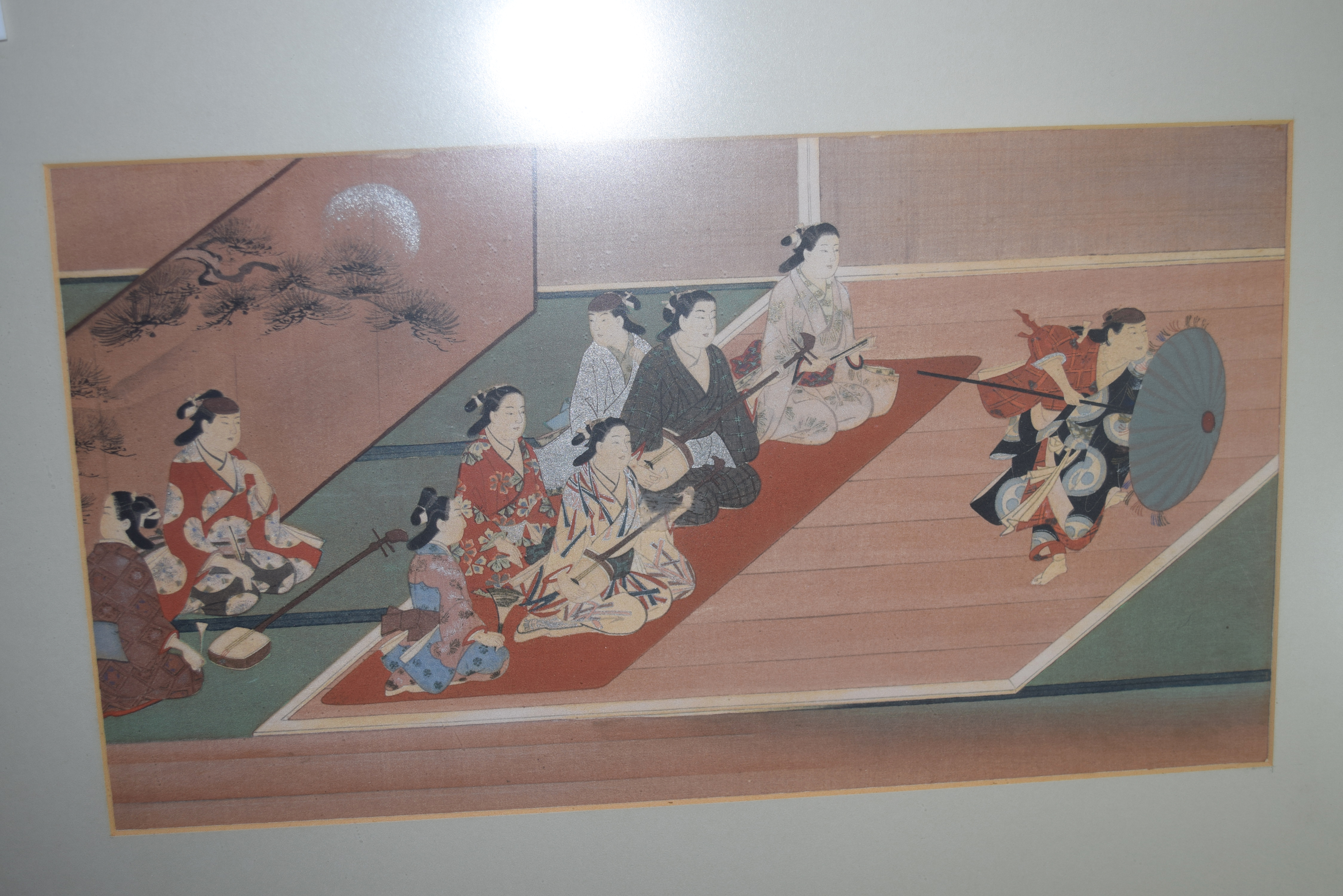 Two Japanese woodblock framed prints of figures in various pursuits in black wooden frames, the - Image 3 of 3