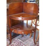 Early 19th century mahogany corner wash stand, fitted with three drawers, width approx 67cm max