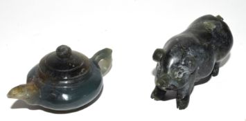 Small boxed miniature jadeite tea pot and further small model of a pig (2)