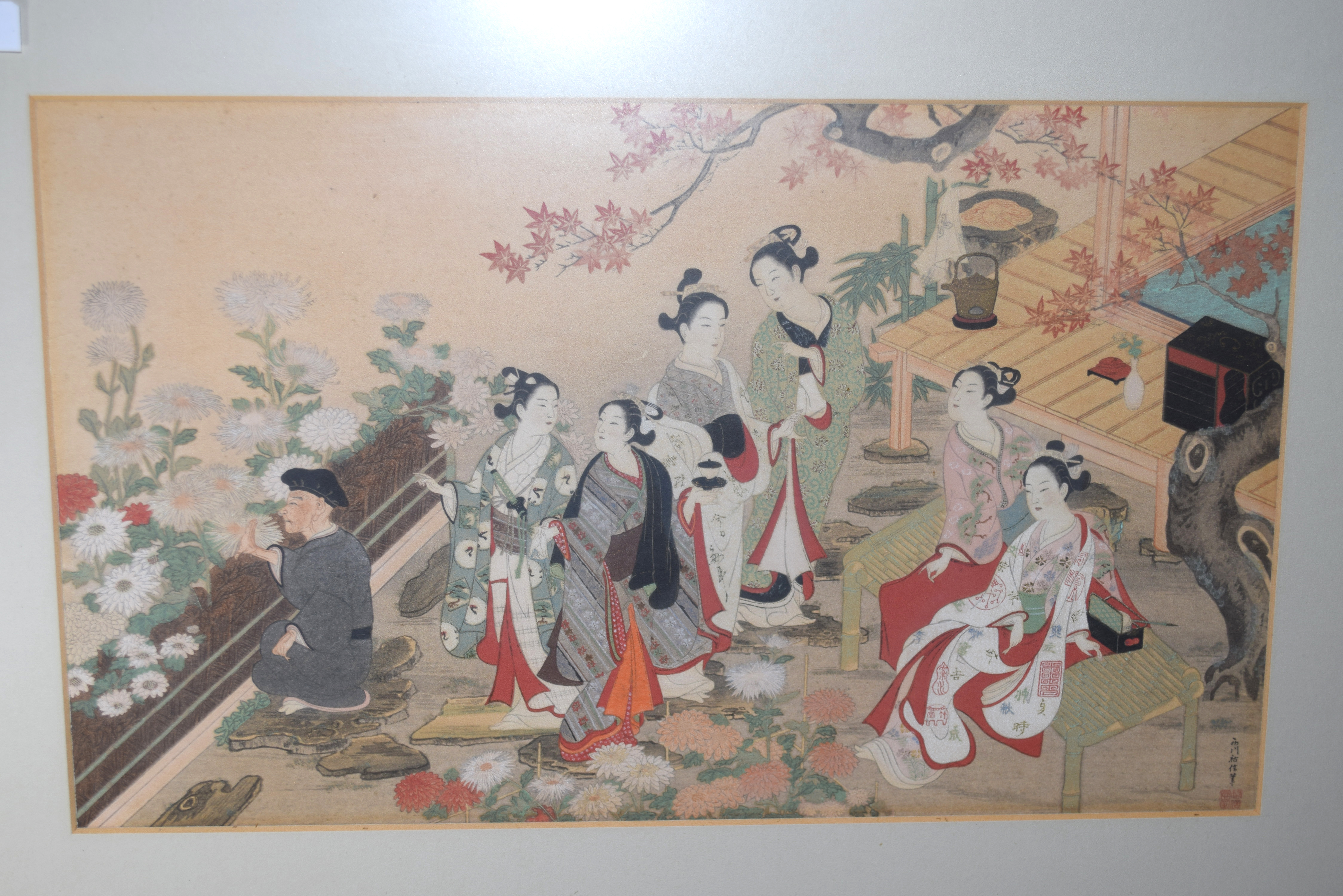 Two Japanese woodblock framed prints of figures in various pursuits in black wooden frames, the - Image 2 of 3