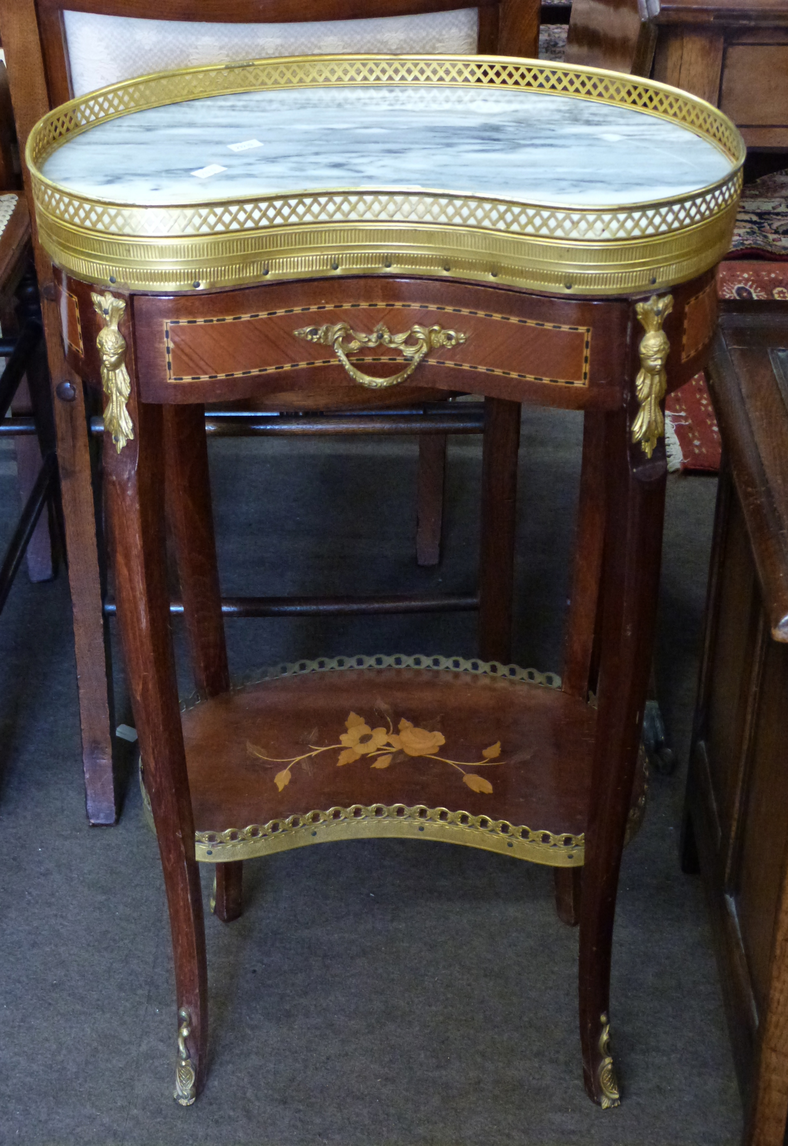 Small kidney shaped side table with drawer beneath and inlaid decoration, height approx 73cm