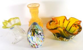 Group of Art glass including a Langham glass paperweight, shaped Murano bowl, a Murano cornucopia