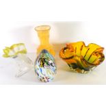 Group of Art glass including a Langham glass paperweight, shaped Murano bowl, a Murano cornucopia