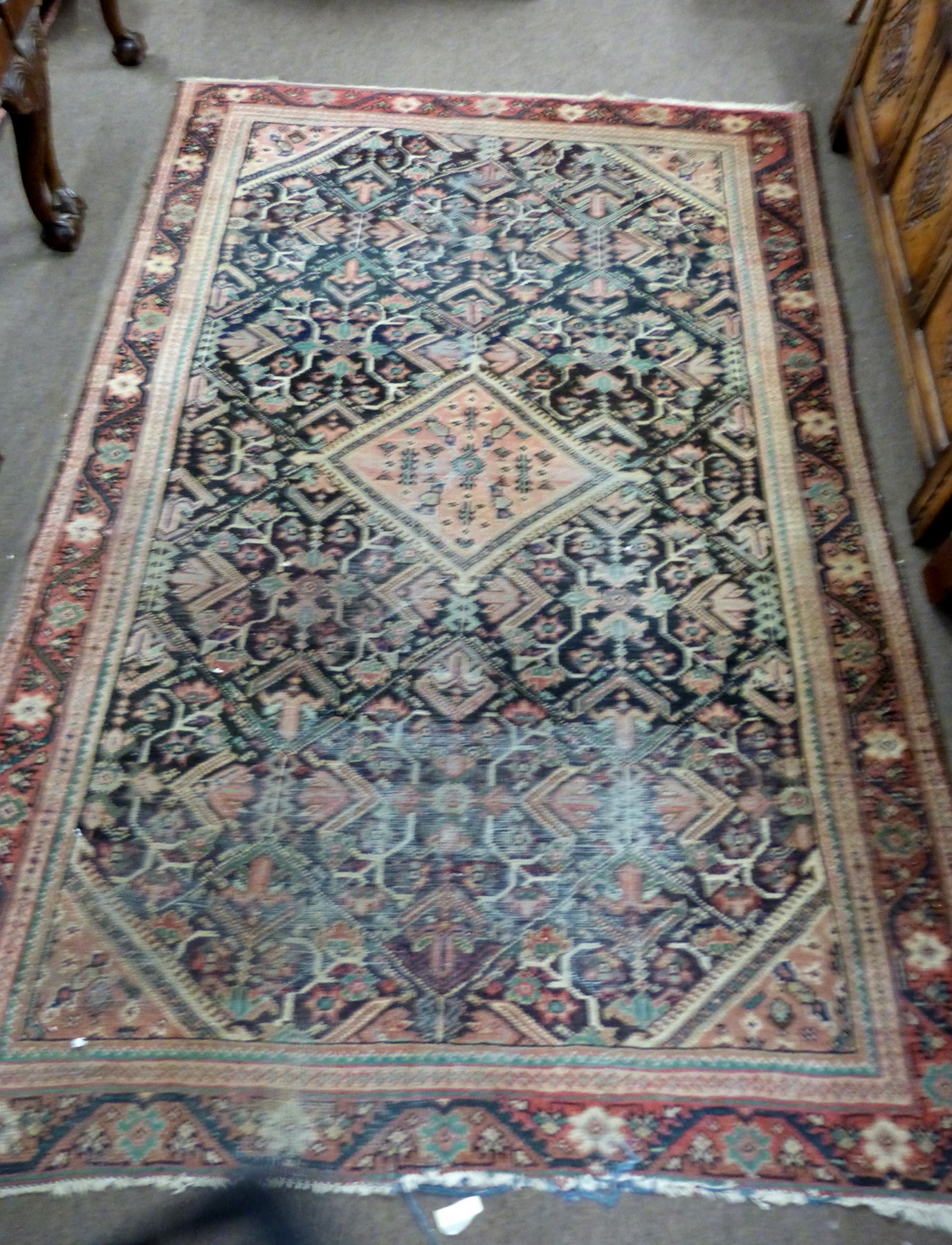 Small Caucasian rug, blue and red ground, triple gulled border, 6ft 5" x 4", (faded/worn)