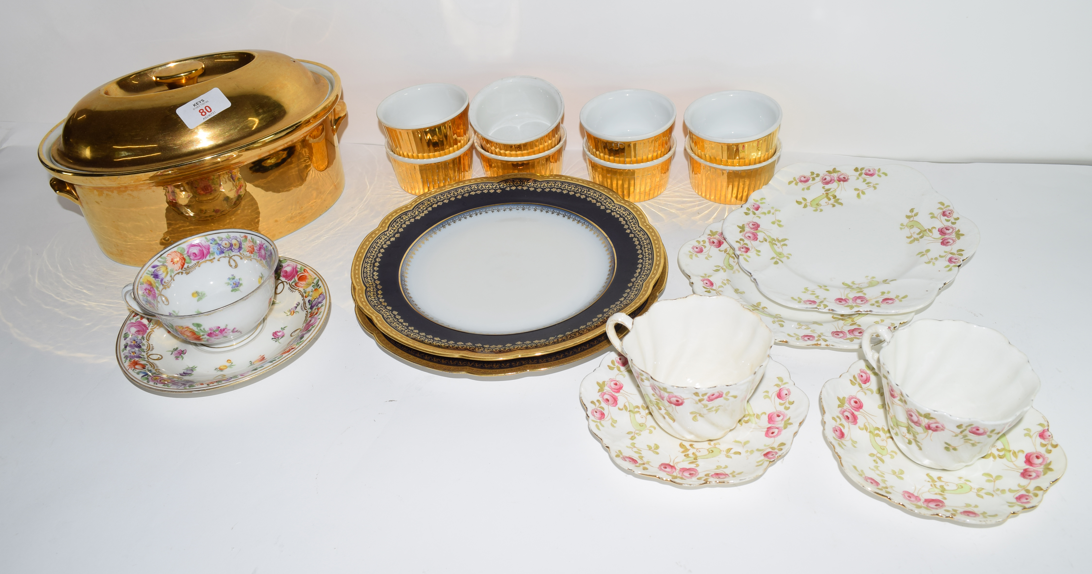 Quantity of gilt decorated Royal Worcester ramekins, serving dish and cover and two Paragon china