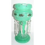 Victorian green coloured glass table lustre and droplets, 32cm high