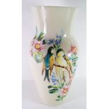 Opaline glass vase painted in polychrome with birds, 35cm high