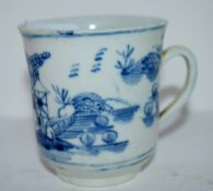 Early Worcester bowl shaped coffee cup with blue and white chinoiserie design (crack to handle)