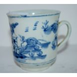 Early Worcester bowl shaped coffee cup with blue and white chinoiserie design (crack to handle)