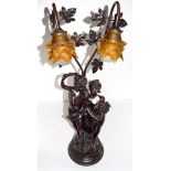 Reproduction Art Nouveau lamp with two cherubs and two glass Art Nouveau style lamps above, the