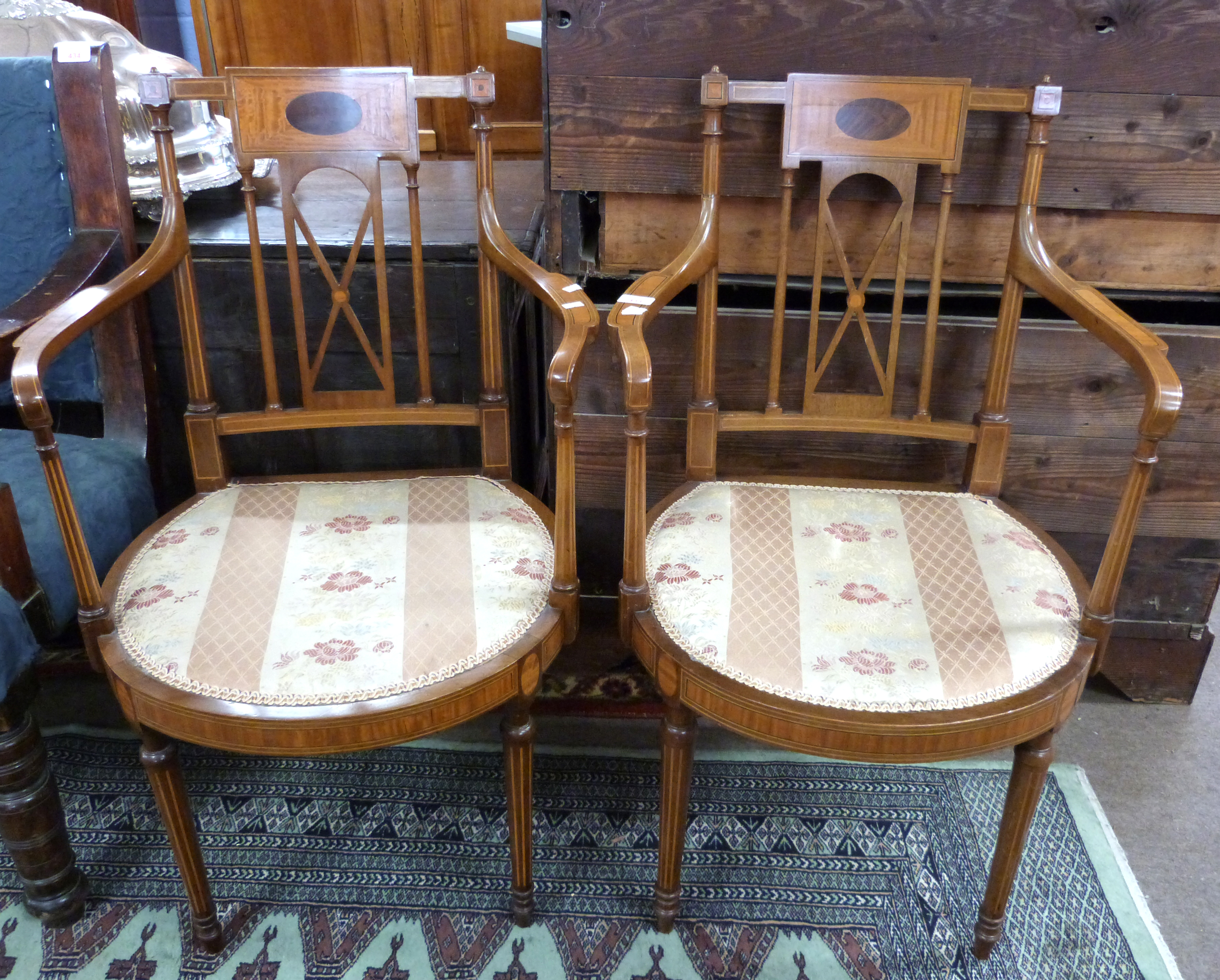 Pair of decorative inlaid bedroom chairs, width approx 58cm