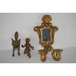 Brass door knocker, modelled as a fox's head, together with a small gilt mirror and candelabra,