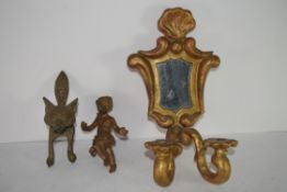 Brass door knocker, modelled as a fox's head, together with a small gilt mirror and candelabra,