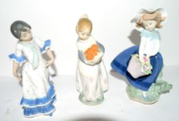 Group of three Lladro figures of young girls, one dancing, one carrying a basket of flowers and an