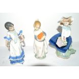 Group of three Lladro figures of young girls, one dancing, one carrying a basket of flowers and an