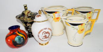 Group of three Art Deco Corona ware jugs manufactured by Hancock & Sons in the Springtime pattern,