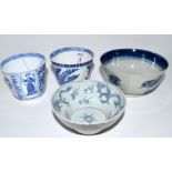Group of blue and white porcelain including a small Chinese porcelain blue and white bowl, 18th