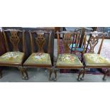 Set of 4 Chippendale style mahogany dining chairs, elaborate pierced splat backs, old tapestry