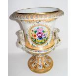 Very large Campana style vase decorated with floral sprays, the loop handles with moulded faces of