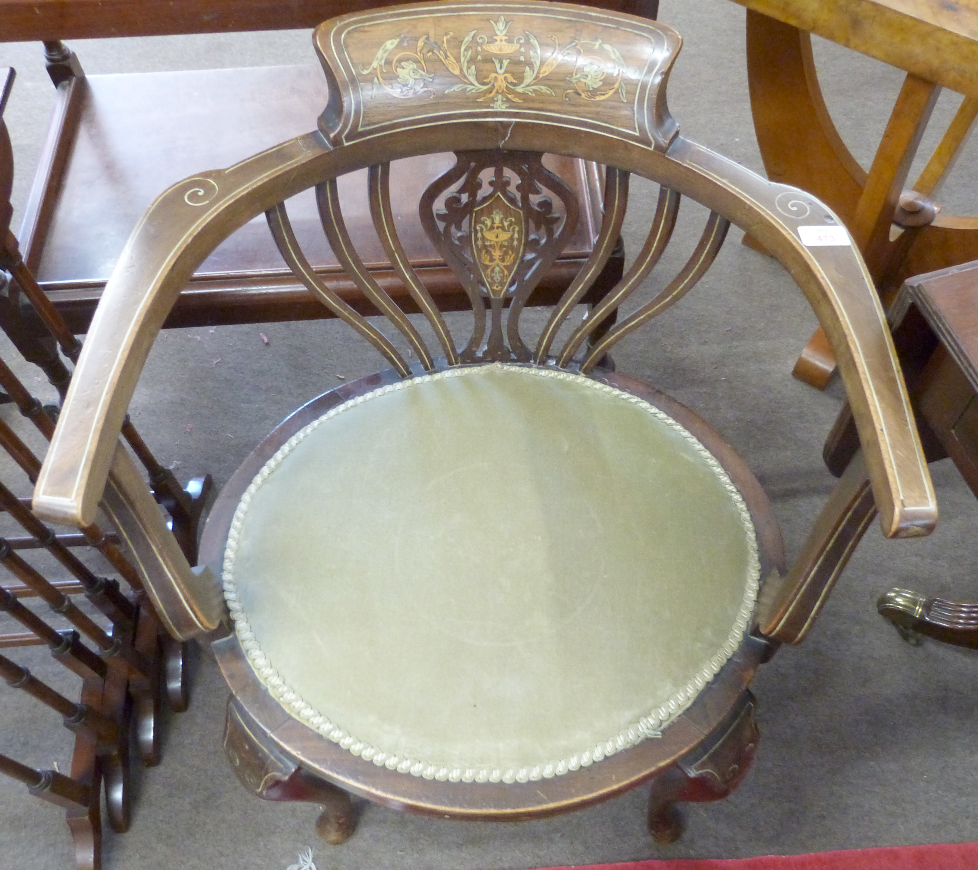 Decorative inlaid armchair with strung decoration, width approx 58cm max - Image 3 of 4