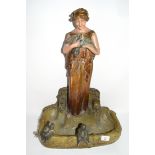 Art Nouveau plaster bird bath modelled as an Art Nouveau lady holding a bird in Royal Dux style with