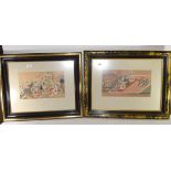 Two Japanese woodblock framed prints of figures in various pursuits in black wooden frames, the
