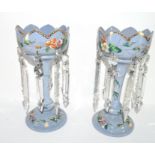 Pair of Victorian blue coloured glass lustres decorated with painted flowers, 30cm high (2)