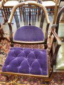 Edwardian upholstered armchair together with matching button upholstered foot stool