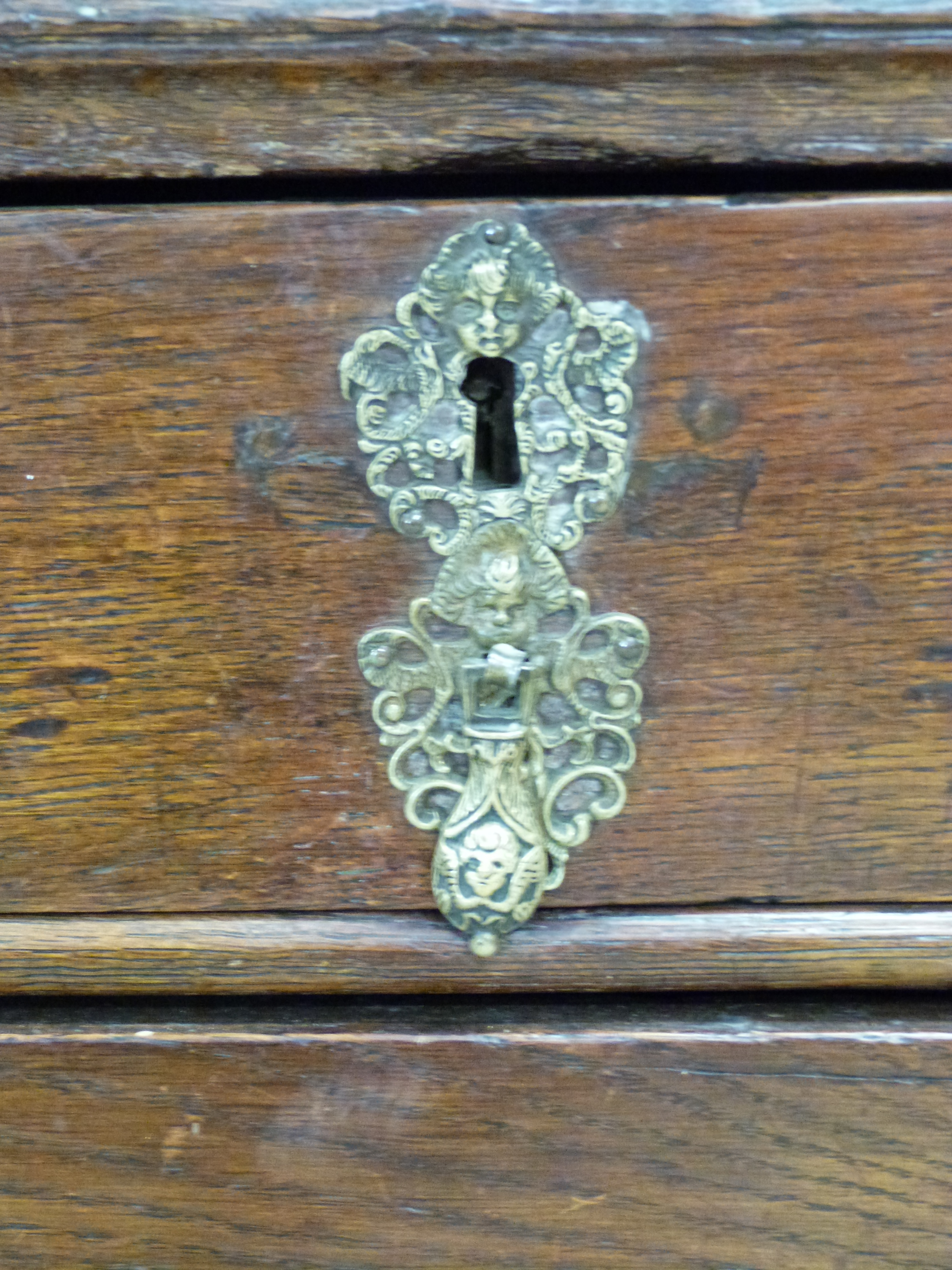 18th century oak chest of two short over three long drawers, raised on bun feet with decorative - Image 3 of 3