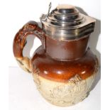 Mid-19th century pottery jug with greyhound handle, silver mounts and cover, assay marks for