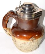 Mid-19th century pottery jug with greyhound handle, silver mounts and cover, assay marks for