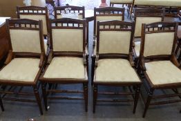 Set of eight upholstered 19th century dining chairs with ring turned legs