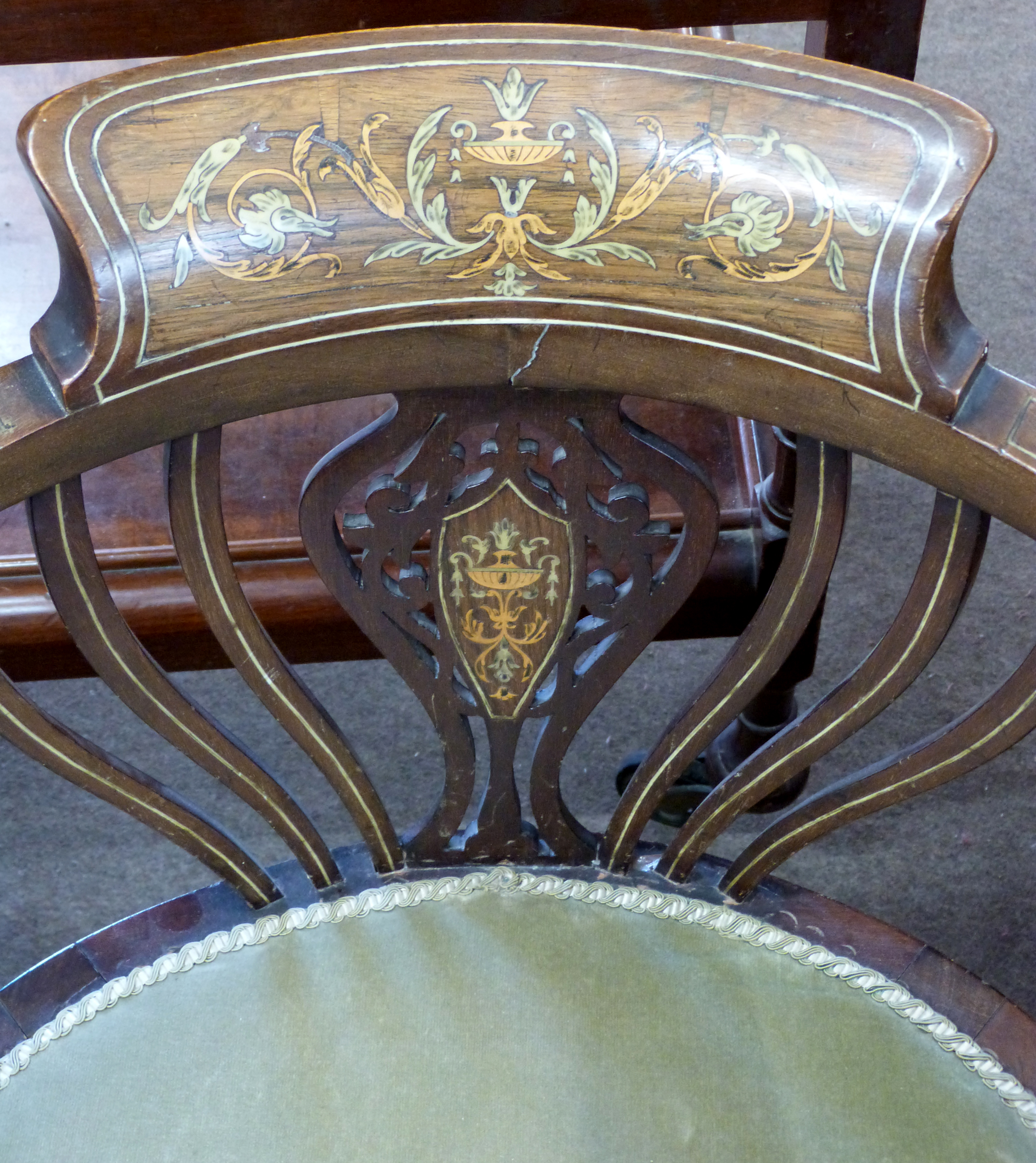 Decorative inlaid armchair with strung decoration, width approx 58cm max - Image 2 of 4