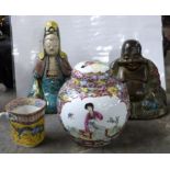 Tin model of a Buddha, a further pottery model of a lady in Sancai type glazes, small quatrelobe cup